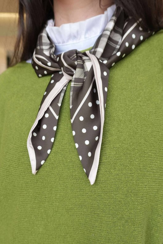 Plaid & Polka Border Triangle Silk Neckerchief Deep Khaki